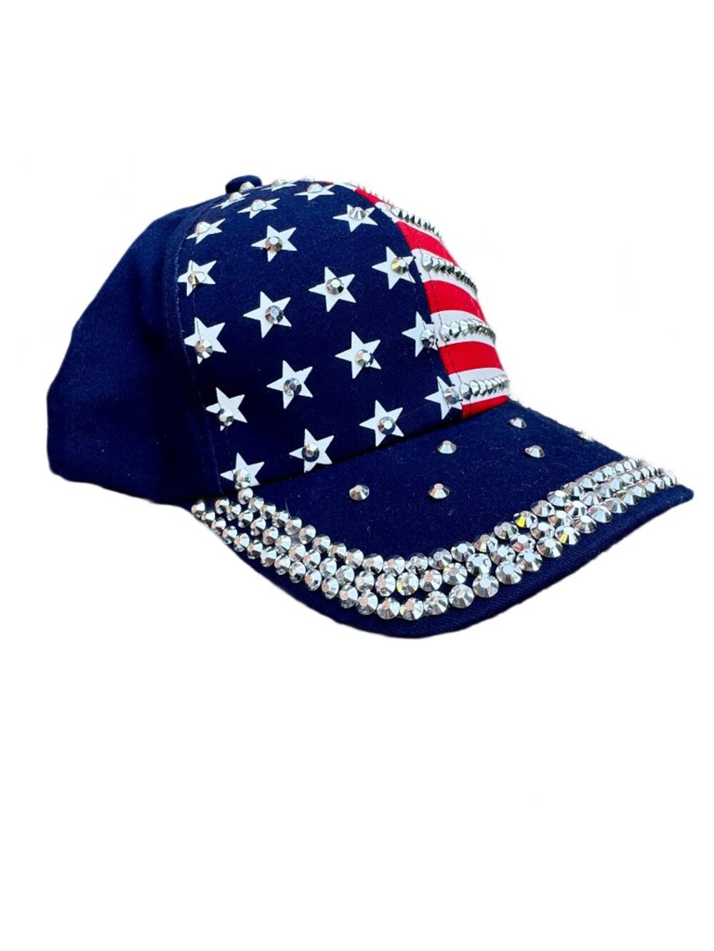 Patriotic Cap USA Themed Stars Stripes and Studs Navy Blue Strapback